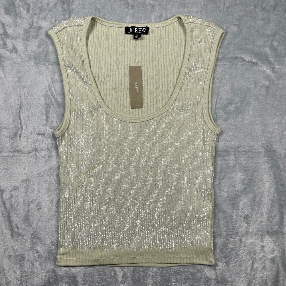 J‎ Crew Womens Tank Top Sequins Sparkle Ribbed Sleeveless Scoop Neck Green M